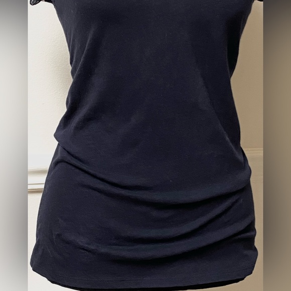 LOFT Navy Blue Short Sleeve Shirt With Lace Cutout Sleeves - Picture 7 of 10